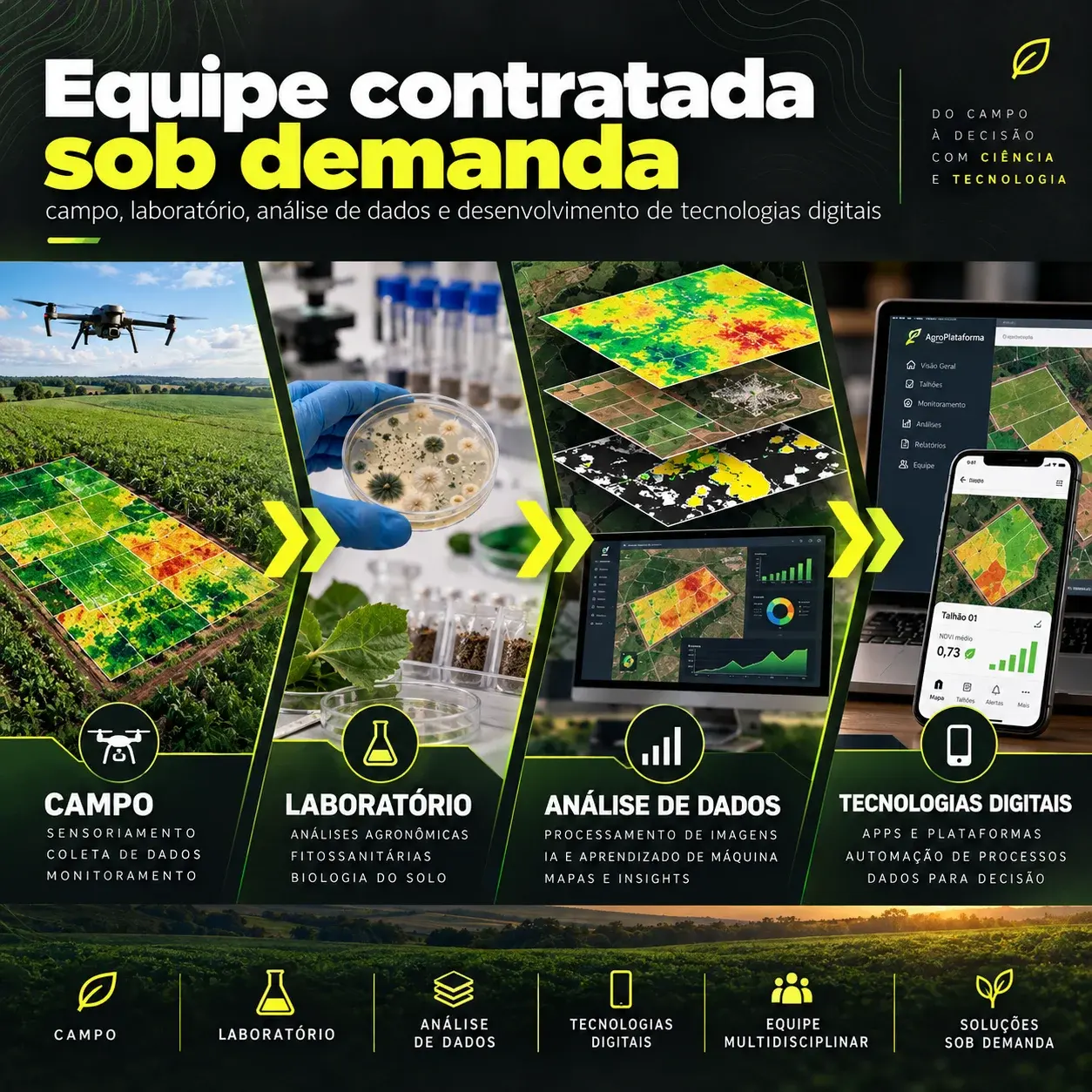 Material do LDAP sobre equipe sob demanda, ilustrando drones no campo, análises em laboratório, mapas agrícolas e plataformas digitais.