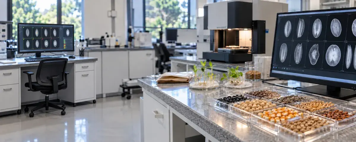 Bancada de laboratório com bandejas de sementes, plântulas em placas e monitores exibindo imagens de raios X de sementes.